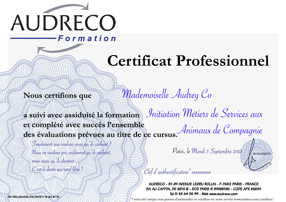 Cerfication Professionelle Audreco